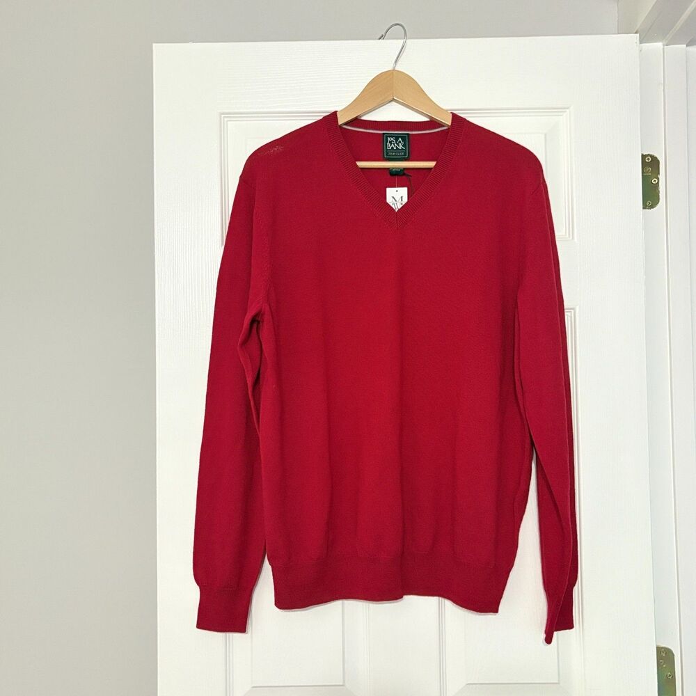 Jos A Bank Traveler Merino Wool Sweater Mens XL Red V-Neck Knit Pullover New